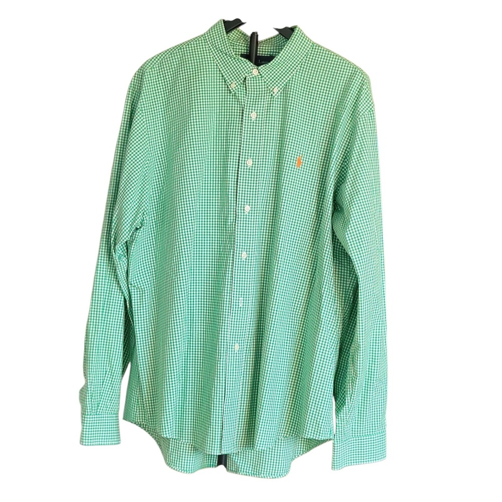 Ralph Lauren Mens XXL Custom Fit Button Down Shirt Green Gingham Cotton VTG
